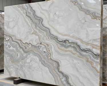 A vibrant kitchen countertop made from speckled granite, bathed in natural light with modern fixtures around.