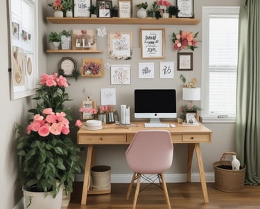 A cozy workspace with handcrafted floral arrangements and personalized decorative items displayed.