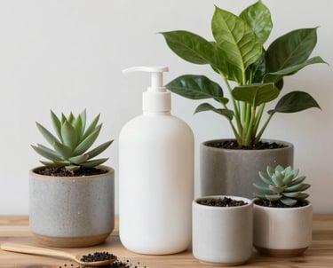 A serene workspace with soft turquoise-green accents, featuring sustainable products and natural light filtering through leafy plants.
