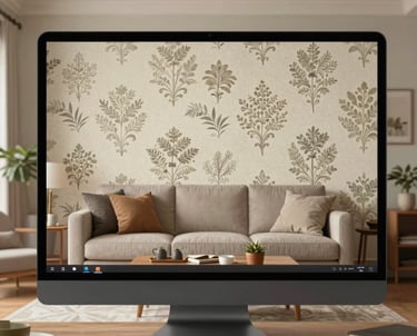 An image of the 3D Wallpaper Presenter in use, showing a realistic Indian living room where wallpaper patterns are being swapped digitally.