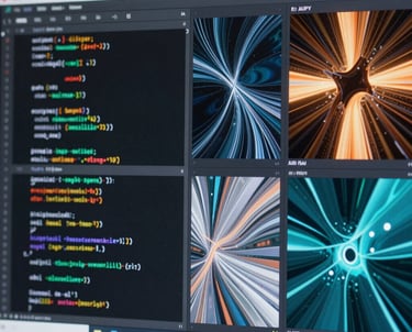 A close-up of a high-tech screen displaying AI-generated code and abstract artistic visualizations, representing the AJUPY AI engine.