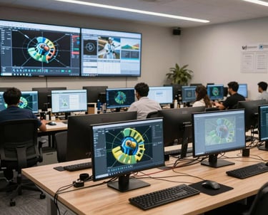 A wide shot of a professional tech workspace in India with high-end computers and 3D modeling screens, representing Mahashankh Design and Technology.