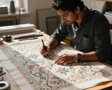 A photography of a South Asian designer working on an elegant digital textile pattern in a sunlit, professional studio filled with fabric swatches.