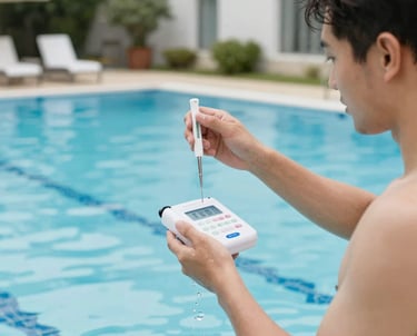 A sparkling clean swimming pool surrounded by a cozy home environment on a sunny day.