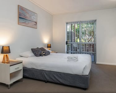 Master Bedroom with Queen bed at low height for accessibility.