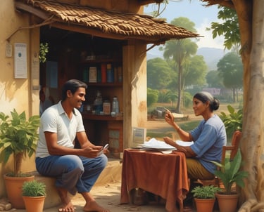 A farmer inspecting healthy green crops in a sunlit field, holding a tablet showing loan details.