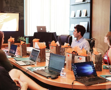 Person preesnting to others at a conference table.