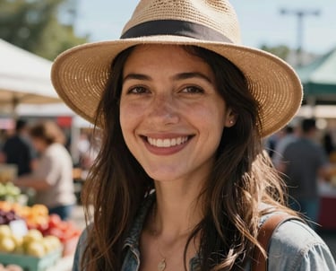 A portrait of a woman in a sun hat smiling warmly, with a blurred background of a bustling North American farmers market on a clear day.