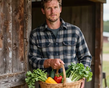 A portrait of a man in a flannel shirt leaning against a rustic wooden stall, holding a basket of fresh vegetables, North American rural setting.