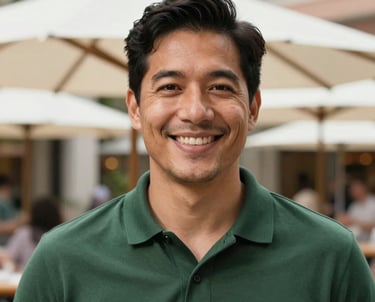 A headshot of a friendly man in a dark green polo shirt smiling against a background of white market umbrellas in a North American plaza.