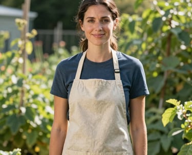 A professional portrait of a woman wearing a canvas apron and a friendly smile, standing in a sunlit North American garden with leaf green foliage.