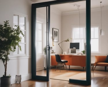 A professional cleaner in uniform carefully cleaning an office space with natural light.