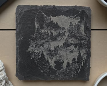 Laser engraved wolf slate coaster with mountain and forest design, rustic engraved stone coaster han