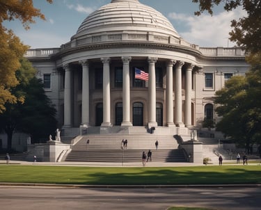A professional consultant discussing investment opportunities with clients in a modern office setting with American flag colors in the background.