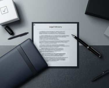 Documento de asesoría legal en escritorio, con libreta y plumas profesionales.