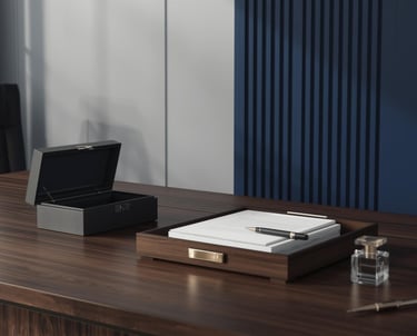 Escritorio de madera de lujo con caja de papelería de piel, bandeja y pluma fuente.