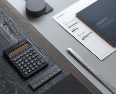 Calculadora financiera negra en escritorio, junto a regla y documentos de valuación.