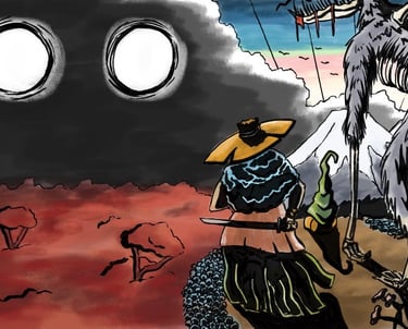3 characters overlooking an autumn forest facing an unknown evil