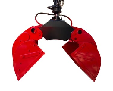 Red and black excavator with red bucket, mounted crane equipped with shell gripper for lifting sand.