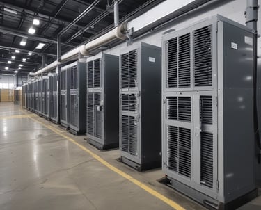 A large, industrial facility with multiple cylindrical metal tanks equipped with various pipes and valves. Control panels with lit indicators are mounted on the walls. A person in a reflective vest walks alongside a row of yellow safety railings.