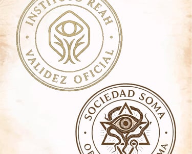 Un fondo de pergamino con dos sellos decorativos, de los institutos ficticios REAH y SOMA