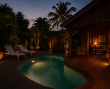 Éco-lodge de luxe dans les Caraïbes avec piscine à débordement, vue mer, plage de sable blanc et jardin tropical – concept hô