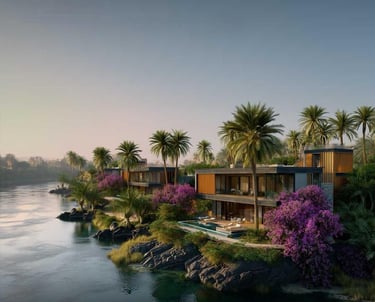 Luxury Nile-front villas in Jirian New Zayed by Nations of Sky – modern architecture with private pools overlooking the Nile