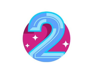 A blue number two, in front of a pink circle with white sparkles