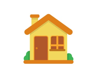 A yellow house with a brown roof and a brown door. Green foliage surrounds it.
