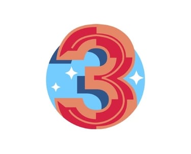 A red number three, in front of a blue circle with white sparkles