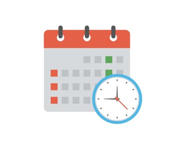 A calendar that features gray red, and green as primary colors is behind a blue clock with red hands