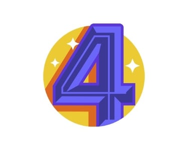 A purple number four, in front of a yellow circle with white sparkles