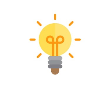 A yellow and oragne lightbulb, with a gray base has lines erupting from it, signifying it has lit up