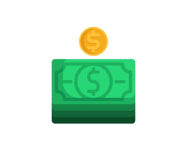 A yellow coin with a dollar sign is above a green dollar bill with a dollar sign in the middle.
