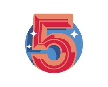 A red number five, in front of a dark blue circle with white sparkles