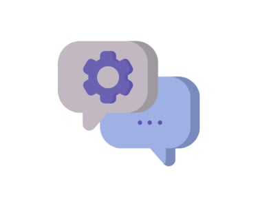 One the top left is a speech bubble with a gearwheel in the middle and next to it is a speech bubble