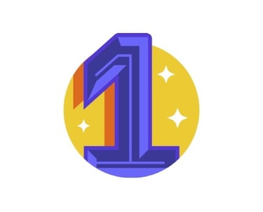 A purple number one, in front of a yellow circle with white sparkles
