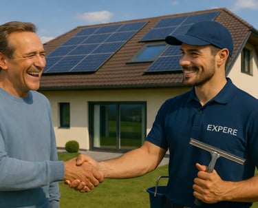 Laveur de vitres et panneaux solaires avec un client satisfait dans le Pays de Gex