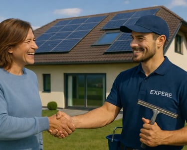 Laveur de vitres et panneaux solaires avec une cliente satisfaite dans le Pays de Gex