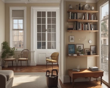 Aerial view of a historical estate surrounded by lush green gardens and trees. The main building is a large, symmetrical structure with a notable architectural style, featuring numerous windows and a central entrance. The landscape includes well-manicured lawns, pathways, and smaller buildings in the surrounding area. The background reveals a sprawling urban cityscape beneath a clear blue sky.