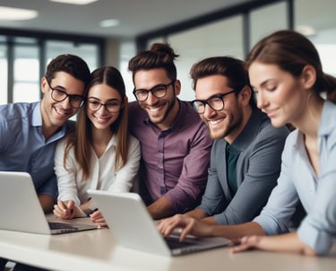 A small, round robot with a smooth white surface and blue accents operates a blue laptop on a sleek, floating platform. The robot has glowing eyes and an antenna on its head, with an 'AI' emblem on its front.