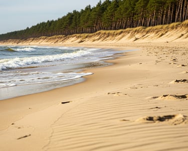 Prywatna plaża nad Bałtykiem w Bagiczu z naturalnymi wydmami i lasem sosnowym w tle