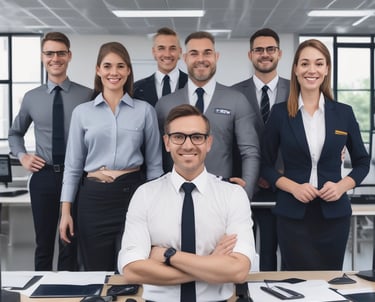 Tall skyscrapers surround a small courtyard area with palm trees. Two uniformed security personnel are conversing in the foreground. The architecture features modern and sleek designs with concrete and glass elements.