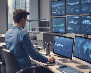 A person is using a MacBook Pro, viewing financial trading information from Questrade. The screen displays detailed trading data and an app interface, emphasizing connectivity and accessibility. The image features a modern setting with a couch in the background and some houseplants.