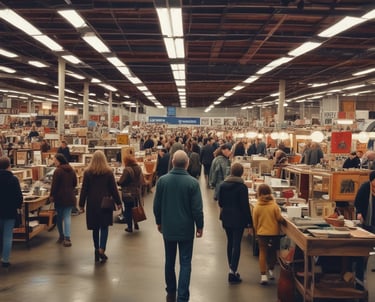 A busy trade show or exhibition with numerous people walking around. Stalls and banners for various brands are visible, with high ceilings showcasing industrial fixtures. Signs above the stalls display brand names and products, creating a bustling and lively atmosphere.