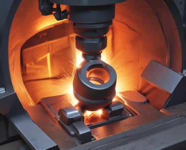 An industrial facility with a large metal structure featuring tall towers and connecting pipes. The building in the foreground is constructed from white-painted bricks and has a metal roof. Surrounding the area are trees and grass, while power lines stretch across the sky.