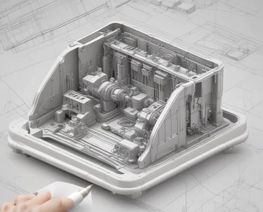 A 3D printer in action, with a partially completed black object on the print bed. The machine features transparent casing, metal components, and a control panel displaying settings and progress information.
