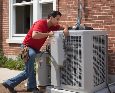 Three air conditioning units mounted on the exterior wall of a building, with a closed vent in the center. The wall is a warm, peach color and the units have a beige finish. A black cable runs vertically along the left side of the image.