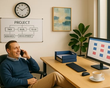 ADHD Businessman after clarity session. Sound workflows, business clarity, relaxed