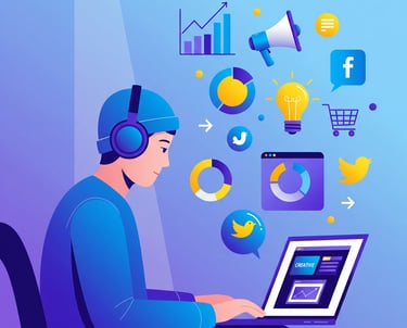 Ilustrasi vektor datar modern yang menampilkan seseorang sedang duduk dan bekerja dengan laptop